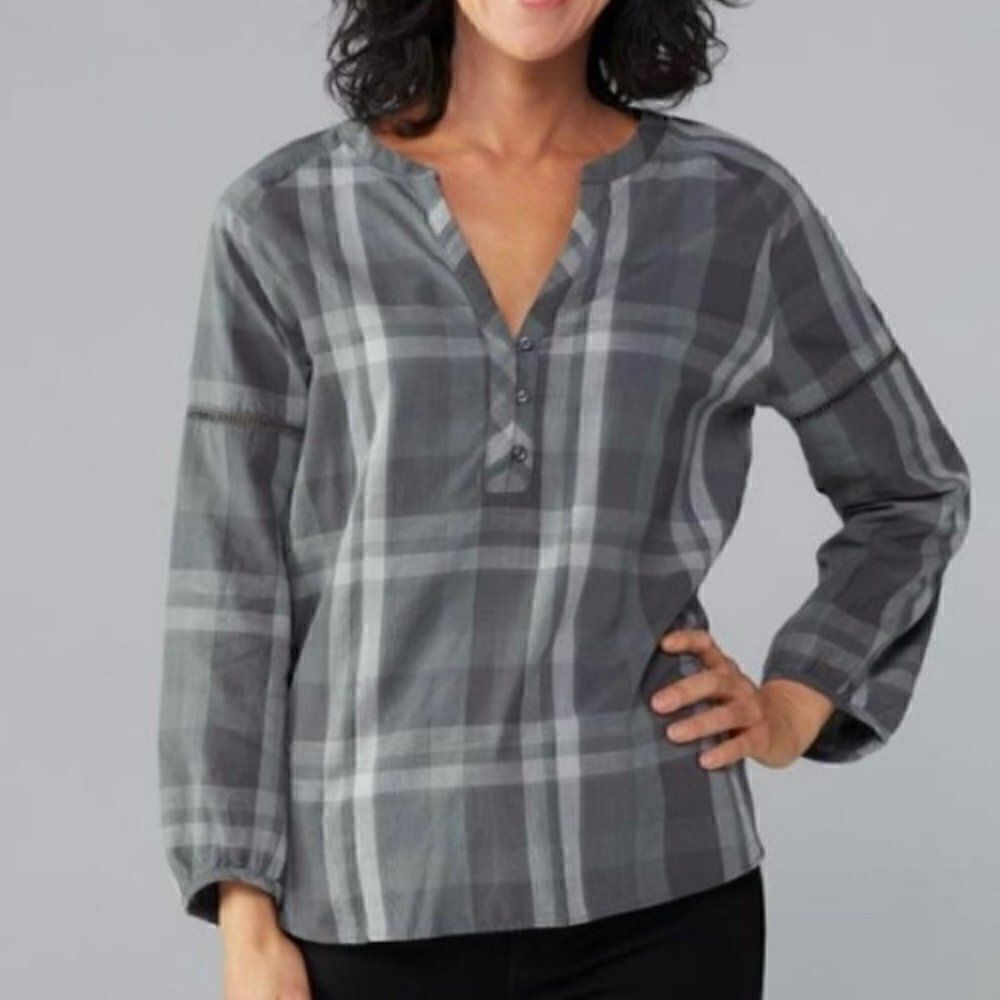 Prana Elena Grey Plaid Top Blouson Ladder Stitch Sleeves Women XS‎